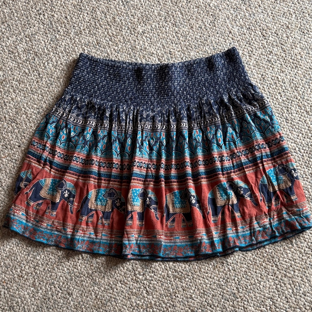 Hinge A-Line Skirt with Elephant Pattern - Blue and Orange